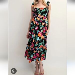 Tropical Floral Pink and Orange Sleeveless Sundress Midi Ruffled sz L